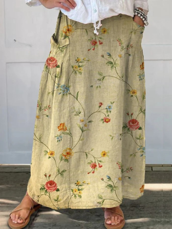 Falda de Lino Floral Elegante Retro para Mujeres con Cintura Elástica y Bolsillos