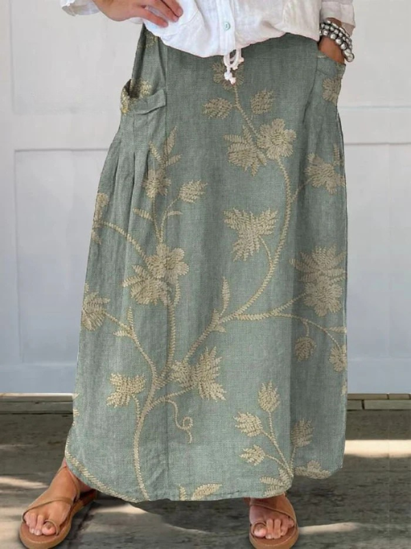 Falda de Lino Floral Elegante Retro para Mujeres con Cintura Elástica y Bolsillos